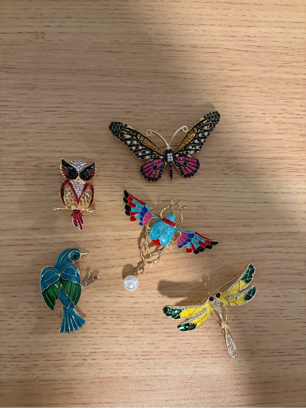 Colorful Enamel Bird & Insect Brooch Set - Multicolor